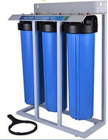 Whole House Filter (3) Big Blue 20"x4.5" 1"PR Sediment~KDF55-85/GAC,Catalytic Carbon/Bone Char Mounted on Stand - Titan Water Pro
