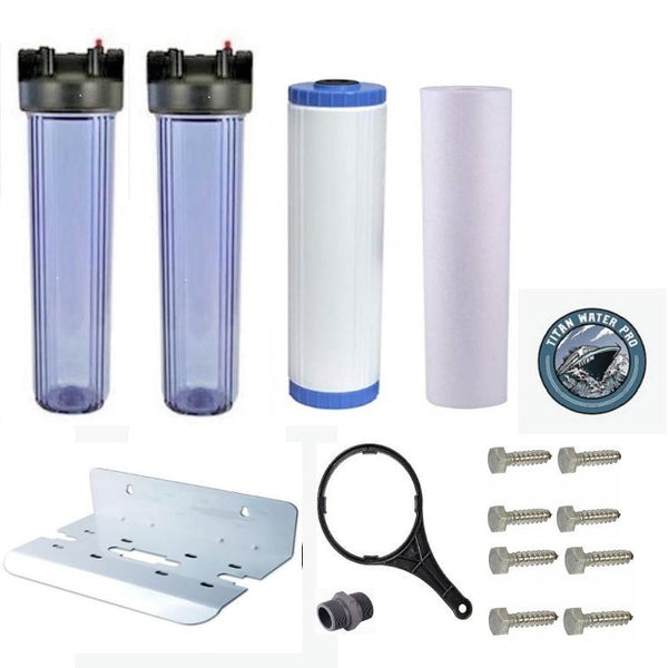 Whole House Big Blue Water Filter System - Sediment & KDF85/GAC Filter - Clear Housing - Titan Water Pro